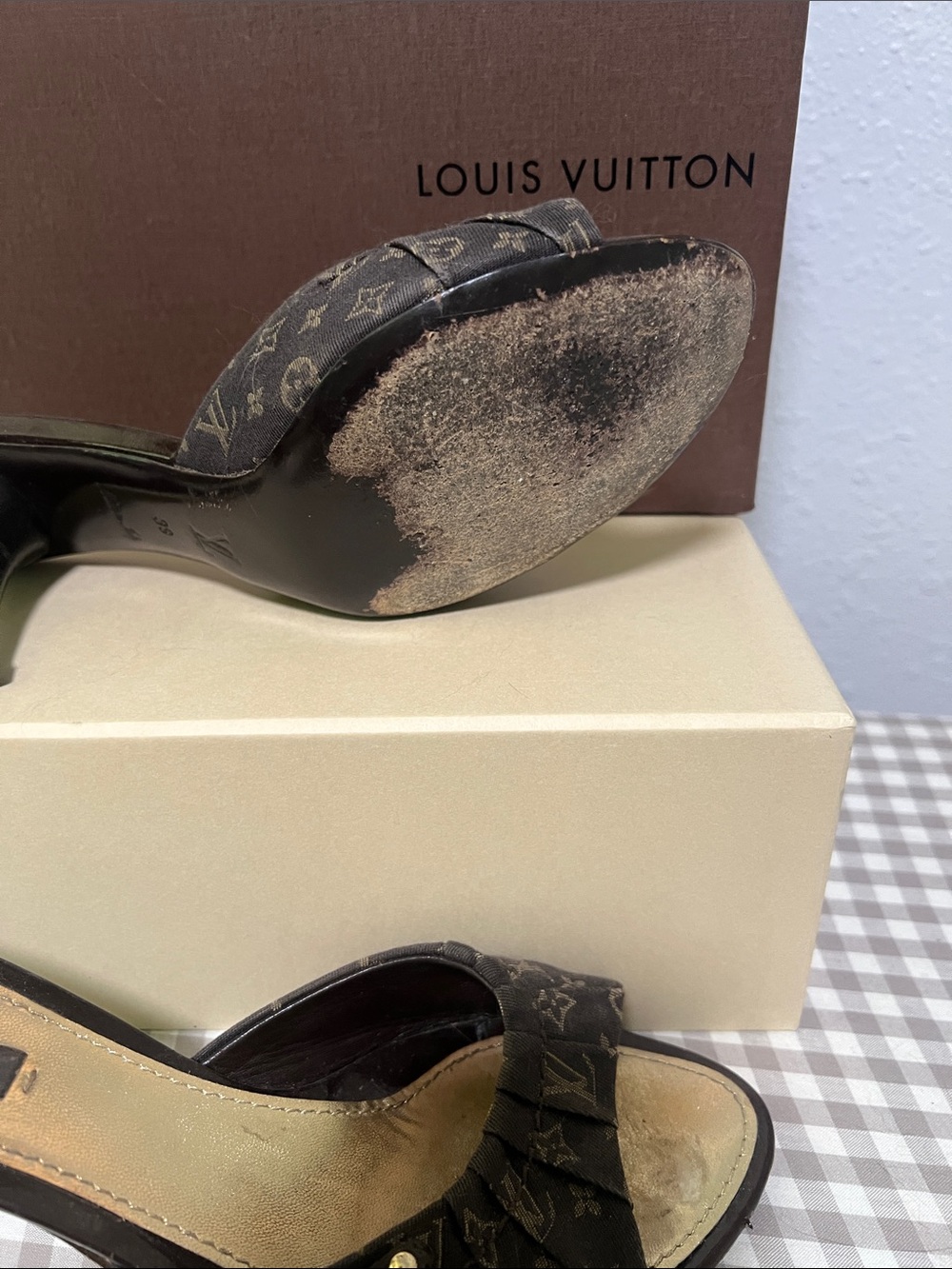 Louis Vuitton Monogram Canvas Mule Heels Size 39 | Peep Toe Kitten Heel - Picture 4 of 9